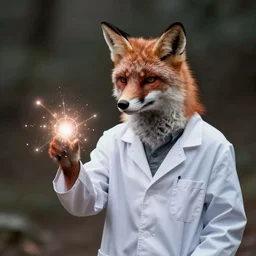 stern looking fox in a labcoat, casting a magic spell, digital art,