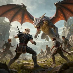 Geralt fighting a wyvern, Darek Zabrocki, Karlkka, Jayison Devadas, Phuoc Quan, trending on Artstation, 8K, ultra wide angle, pincushion lens effect