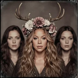 beautiful female character inspired by iceland and floral headdress mariah carey pagan wiccan viking antlers headdress full face candid portrait tintype | | digital artwork made by greg rutswork, anna dittmann and lois van barlee, symmetrical diffused light, anatomically correct