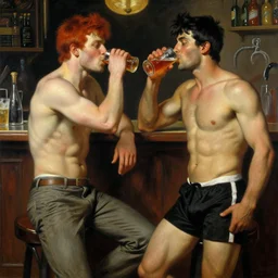 attractive muscular male with red hair and attractive muscular male with black hair. pants and shorts, drinking their hearts out, having fun, in a pub. very defined painting by gaston bussiere, j. c. leyendecker, craig mullins 8 k
