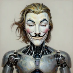 perfectly centered portrait, front view of a beautiful biomechanical android anonymous guy fawkes robot, flowing hair, intense stare, sarcastic smile, symmetrical, concept art, intricate detail, volumetric shadows and lighting, realistic oil painting by tim hildebrandt,