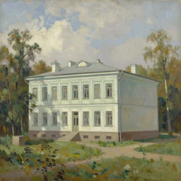 a beautiful painting of a building in a serene landscape by Anton Fadeev