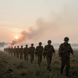 an photograph of a line of ww 2 solders walking at sunrise in a field. in the background there is the sun and smoke and fire. christopher nolan style. cinematic!! shot. movie film frame. cinematography. detailed. hq. in - frame. imax. anamorphic!! film. anamorphic bokeh!!!. kodak. helios 4 4 m.