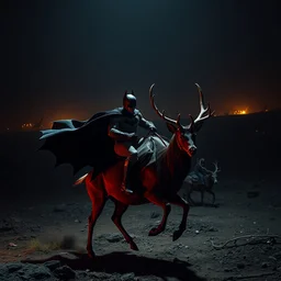 batman riding red deer in battlefield, dark, cinematic lighting, chaotic, wide shot, photorealistic, photograph
