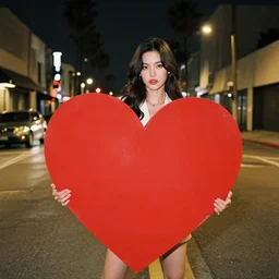 beautiful woman holding giant red heart on the streets of los angeles at night