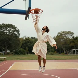 Jesus wearing robes dunks a ball in the net while in a basketball court alone , hd
