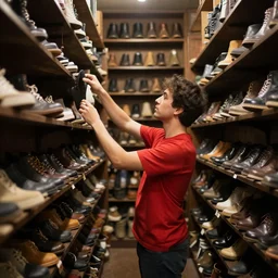 a man with a red t - shirt trying to select from an infite number of shoes on shelves in a magical library