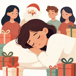 seven year old girl with short wavy curly hair, asleep at christmas. surrounded by gifts. high quality detailed face. clean cel shaded vector art. shutterstock. behance hd by lois van baarle, artgerm, helen huang, by makoto shinkai and ilya kuvshinov, rossdraws, illustration, art by ilya kuvshinov
