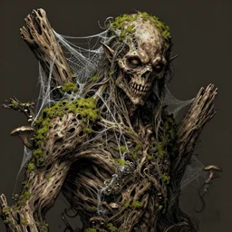 realistic portrait undead creature made of rotting driftwood and moss. heald together by spiderwebs and fungi, dungeons and dragons, by Elodie Mondoloni, detailed intricate ink illustration, dark atmosphere, detailed illustration, hd, 4k, digital art, overdetailed art, concept art, by greg rutkowski, by loish, complementing colors, Trending on artstation, deviantart