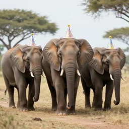 three elephants having a cool birthday party, photo, highly detailed