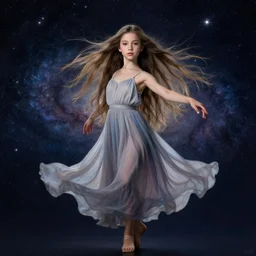 full - length portrait of a dancer with long flowing hair, with cute - fine - face, pretty face, realistic shaded perfect face, wearing a flowing sundress, standing in front of a starry galaxy, fantasy, cinematic, fine details by realistic shaded lighting poster by ilya kuvshinov katsuhiro otomo, magali villeneuve, artgerm, jeremy lipkin and michael garmash and rob rey