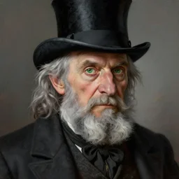 a grey hair old halfling with no beard and green eyes wearing a black top hat and suit by Greg Rutkowski, painting, portrait, HD, high details, trending on artstation