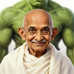 portrait of gandhi as the hulk by dave gibbons, highly detailed illustration, masterpiece, matte painting, rossdraws, ilvya kuvshinov, beautiful colors