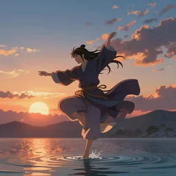 Himalayan mage dancing on water, beautiful flowing fabric, sunset, dramatic angle, dynamic pose, 8k hdr pixiv dslr photo by Makoto Shinkai ilya kuvshinov and Wojtek Fus