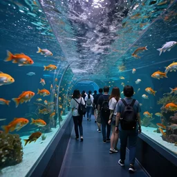 people observing lots of beautiful fish in an underground aquarium corridor, in the style of tony sart, fantasy art, ray tracing, water droplets, highly detailed, artstation trend, highly detailed and intricate, sharp focus, photography, unreal engine 5