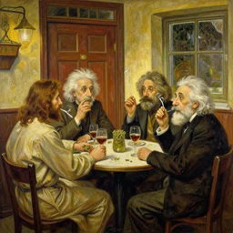 a hand drawn painting of jesus christ, albert einstein, charles darwin, they are meeting together in a after small comfy cozy empty pub that is filled with wine, a door and a window, they are all meeting on a tabletop, smoking weed and drinking wine, photorealism, hyperdetailed, volumetric lightening, octane, by alphonse mucha, dalle 2 composition as a reference