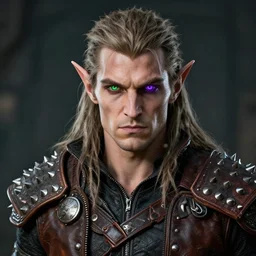 d & d style, upper body portrait, tabaxi male, wearing studded leather, left eye green, right eye purple.