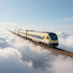 train on sky flying through rails made out of clouds