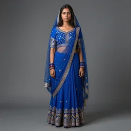highly detailed full body portrait of south asian brown woman in traditional wear, studio portrait, grey colored eyes, blue colored traditional wear, photo by jerry ghionis, hyper realistic, concept art, 8 k detail post - processing