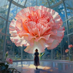 giant carnation flower head, woman standing in the glass palace, surreal photography, dramatic light, impressionist painting, digital painting, artstation, simon stalenhag
