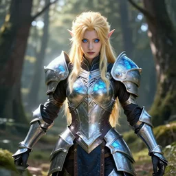 half - portrait, aasimar warlock, combat pose, glowing blonde hair, labradorite and silver armor, bright blue eyes, ornate, very detailed, soft, sunlit forest, 1 6 k, octane render, ross tran, greg rutkowski, magali villeneuve, ayami kojima, symmetry