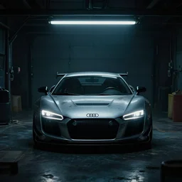 Bladerunner 2049 scene front view sports car in small garage dark atmospheric volumetric lighting grungy moody dark cinematic Roger Deakins Cinematography futuristic cyberpunk car GTR NSX Audi R8 S14 Evo X Z06 ikuo maeda Newton Thomas Sigel bladerunner 2049 screen cap still