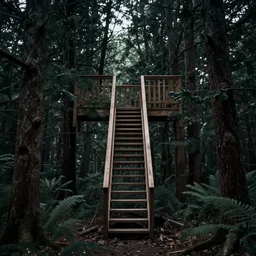 one small and short wooden staircase in the middle, dark forest, overcast ,Wadim Kashin and Beksinski, in Peter Elson color scheme, featured in artstation, octane render, cinematic, elegant, intricate, 8k