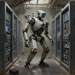 gloomy ruined server room in datacenter painting concept art of half - body robot, artillery, pacing, computers, racks, motherboard, by pascal blanche rutkowski artstation detailed matte painting, 4 k resolution