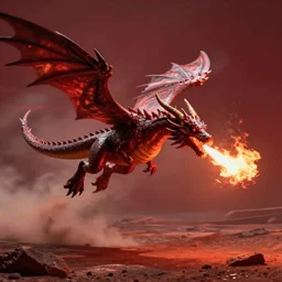 fire breathing dragon flying on mars, red ambient lighting, mist, digital art,