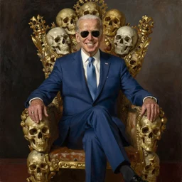 Joe Biden sitting on his throne of skulls with his sunglasses on and smiling, oil on canvas, 1883