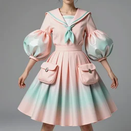 designer figure collection ball shaped accordion sleeve haute couture, sailor uniform, midi skirt, coat pleats, synthetic curves striking pose, dynamic folds, cute huge pockets hardware, volume flutter, youthful, modeled by modern designer bust, body fit, award fashion, peach pink tealgradient scheme, light holographic tones, expert composition, high detail, professional retouch, editorial photography