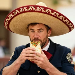 chris hemsworth wearing a mexican sombrero, eating a burrito