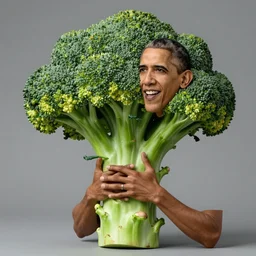 ( barack obama plays a head of broccoli with green skin ) hyperrealistic medium shot studio portrait of barack obama smiling and looking like broccoli with green skin, hyperrealistic sculpture by ron mueck, photographed by annie liebovitz trending on artstation 8 k shocking detail hard shadows