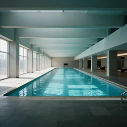 indoor pool architecture, wide open space, long corridors, light and shadows, sterile