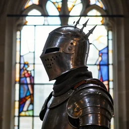 side - view portrait of a knight, skull helmet with spikes on top, gothic stained glass window, very masterful, bright backlit