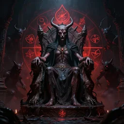 baphomet surrounded by occult symbols sitting on a throne in hell, liminal, horrifying, dramatic lighting, visions of torment, demons, symmetrical