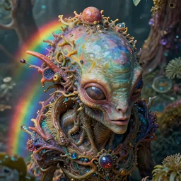 hyperrealistic close-up baroque psychedelic!! organic alien!! peaceful kind spirit of nature in another dimension highly detailed concept art eric zener elson peter cinematic hard rainbow lighting high angle hd 8k sharp shallow depth of field, inspired by Zdzisław Beksiński