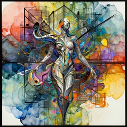 the dream of creation, neo - abstract, metaphysical realism, alcohol ink fluid art, mixed media, thick black lines, art deco, futuristic, fantasy, surrealism, zbrush, unreal engine, vibrant, detailed, by jim burns