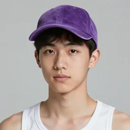 portrait of a student with an violet velour basecap, tank-top, light freckles, small silver earring and a smirk,price winning photograph for the cover of a gay magazine, Kodak Portra, f1.2