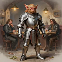 full body painting of an anthropomorphic kobold paladin, wearing full metal plate mail, in a tavern, by peter mohrbacher, by michael cheval, by boris vallejo, highly detailed, 8 k