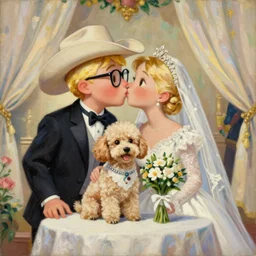 stylish painting of the Milkybar kid with blonde hair, cowboy hat and glasses, kissing bride who is a poodle dog, on the altar, at their wedding. In the style of JC Leyendecker