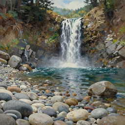 pebble beach waterfall, beach with pebbles, extremely detailed oil painting, unreal 5 render, rhads, sargent and leyendecker, savrasov levitan polenov, bruce pennington, studio ghibli, tim hildebrandt, digital art, landscape painting, octane render, beautiful composition, trending on artstation, award winning photograph, masterpiece