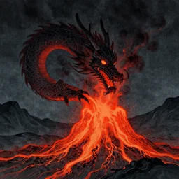 an illustration of a lava dragon emitting dark gaz, digital art, ushiyo-e
