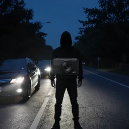 dash cam footage of a mysterious dark figure standing on a road illuminated by car headlights, photorealistic, high quality