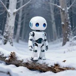 a small glossy white cybernetic robot stands on a fallen tree trunk covered in snow on the snowy ground in a forest of white trees at night. snowing. cyril roland naomi okubo. trending on artstation. digital painting.