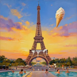 a painting in realistic style of one ice - cream eiffel tower in paris melting on a summer sunset and tourists are swimming down from it in the style painted of james jean and frida kahlo