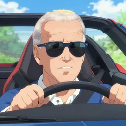 photorealistic Joe Biden Sunglasses driving a corvette on a summer day, anime key visual, digital art, anime screenshot, kyoto animation, makoto shinkai, trending on artstation