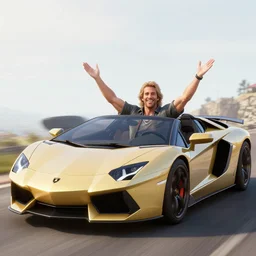 a happy Arthur Morgan driving a convertible Lamborghini car in RDR2, 3d render, rage engine, full shot