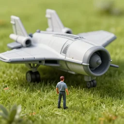 miniature man in front of giant toy spaceship on a grass field, matte painting, smooth, sharp focus, highly detailed, trending on artstation