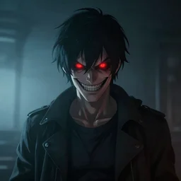 “ a portrait of markiplier in a dark, foggy room, staring intently with an evil grin, and red eyes glowing the room ”